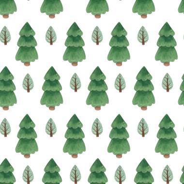 Yeşil ağaçları, karlı dağları ve renkli evleri olan dikişsiz suluboya desenler. Çocuk çizimi ve tasarımı için elle boyanmış elementler.