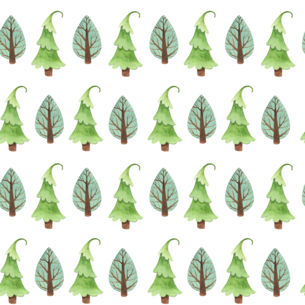 Yeşil ağaçları, karlı dağları ve renkli evleri olan dikişsiz suluboya desenler. Çocuk çizimi ve tasarımı için elle boyanmış elementler.