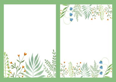 Çiçek çerçevesi, sınır, kart. Düğün davetiyeleri için suluboya resimler, tebrik kartları, baskı tasarımı. Bahar ve yaz çiçekleri ve bitkiler.