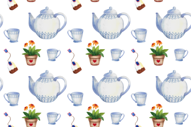 Kusursuz desen. Çay seti, şapka, mektup, saksı, şemsiye, bulutlu el yapımı suluboya elementler.