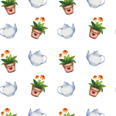 Kusursuz desen. Çay seti, şapka, mektup, saksı, şemsiye, bulutlu el yapımı suluboya elementler.