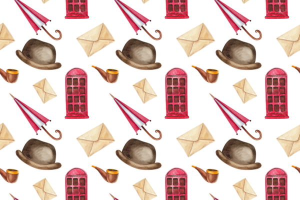 Kusursuz desen. İngiliz sembollü elle boyanmış suluboya elementlerin şenlikli koleksiyonu. Big Ben, Abbey Yolu tabelası, çift katlı otobüs, telefon kulübesi, çay takımı, şapka, mektup.