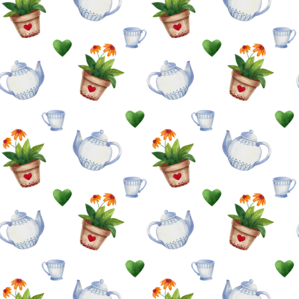 Kusursuz desen. Çay seti, şapka, mektup, saksı, şemsiye, bulutlu el yapımı suluboya elementler.