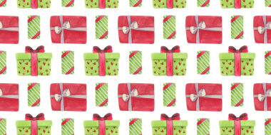 Hediye kutularıyla suluboya kusursuz desen. Beyaz arka planda elle çizilmiş parlak çizimler. Çocuklar için resimleme, baskı ve tekstil dekorasyonunu kutlayan hediyeler