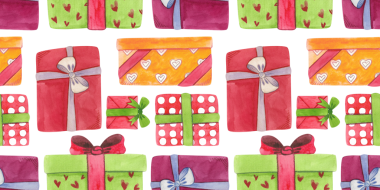 Hediye kutularıyla suluboya kusursuz desen. Beyaz arka planda elle çizilmiş parlak çizimler. Çocuklar için resimleme, baskı ve tekstil dekorasyonunu kutlayan hediyeler