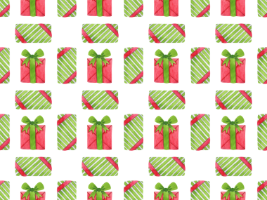 Hediye kutularıyla suluboya kusursuz desen. Beyaz arka planda elle çizilmiş parlak çizimler. Çocuklar için resimleme, baskı ve tekstil dekorasyonunu kutlayan hediyeler