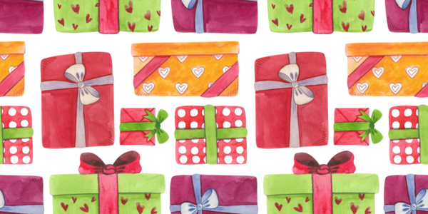 Hediye kutularıyla suluboya kusursuz desen. Beyaz arka planda elle çizilmiş parlak çizimler. Çocuklar için resimleme, baskı ve tekstil dekorasyonunu kutlayan hediyeler