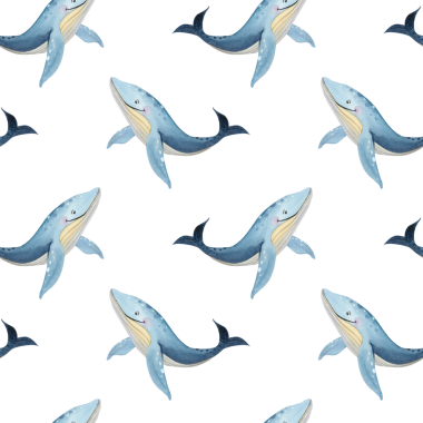 Kusursuz desen. Beyaz arka planda izole edilmiş mavi balinaların suluboya seti. Çocuk resimleri ve tasarımı için el boyaması deniz hayvanları.