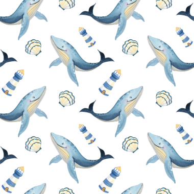 Kusursuz desen. Beyaz arka planda izole edilmiş mavi balinaların suluboya seti. Çocuk resimleri ve tasarımı için el boyaması deniz hayvanları.