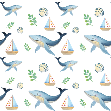 Kusursuz desen. Beyaz arka planda izole edilmiş mavi balinaların suluboya seti. Çocuk resimleri ve tasarımı için el boyaması deniz hayvanları.