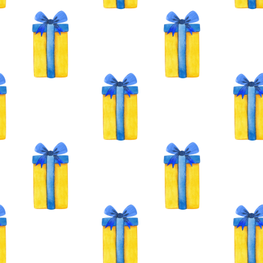 Hediye kutularıyla suluboya kusursuz desen. Beyaz arka planda elle çizilmiş parlak çizimler. Çocuklar için resimleme, baskı ve tekstil dekorasyonunu kutlayan hediyeler.