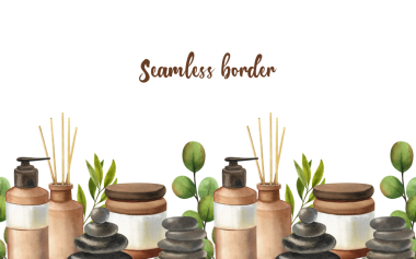 Tayland masaj aksesuarları. Çiçeklerin, şişelerin, aromaterapi tasarımı için banyo havlularının el çizimi. Suluboya pürüzsüz sınır