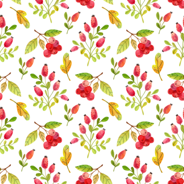 Beyaz arka planda suluboya sonbahar yaprakları ve böğürtlenlerle kusursuz desen. Tasarım, baskı ve tekstil için el çizimi illüstrasyon