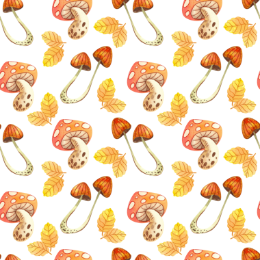 Sonbahar yaprakları, böğürtlen ve mantarlar beyaz arka planda. Tasarım, baskı ve tekstil için bitkilerin el çizimi suluboya çizimi