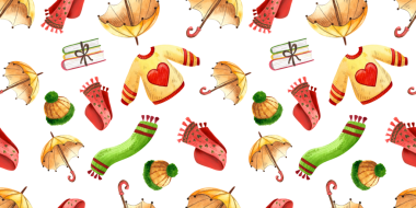 Sonbahar giysilerinin kusursuz örnekleri. Suluboya el çizimi süveterler, çoraplar, eşarplar ve aksesuarlar beyaz arka planda. Poster, baskı, kart, tekstil, pazar için kullan