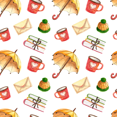 Sonbahar kıyafetlerinin kusursuz desenli çizimi. Suluboya el çizimi çoraplar, eşarplar şemsiye, beyaz arka plan kitapları. Çocuklar için illüstrasyon, poster, baskı, kart, tekstil, pazar