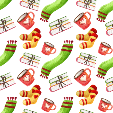 Sonbahar kıyafetlerinin kusursuz desenli çizimi. Suluboya el çizimi çoraplar, eşarplar şemsiye, beyaz arka plan kitapları. Çocuklar için illüstrasyon, poster, baskı, kart, tekstil, pazar