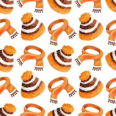 Sonbahar giysilerinin kusursuz örnekleri. Suluboya el çizimi süveterler, çoraplar, eşarplar ve aksesuarlar beyaz arka planda. Çocuklar için illüstrasyon, poster, baskı, kart, tekstil, pazar