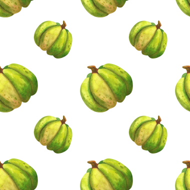 Portakal yaprakları ve sonbahar balkabaklarıyla dikişsiz sonbahar deseni. Beyaz arka planda sebze ve bitkilerin elle çizilmiş suluboya çizimi. Çocuk resimleri, baskısı, tekstil dekorasyonu için.