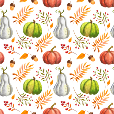 Portakal yaprakları ve sonbahar balkabaklarıyla dikişsiz sonbahar deseni. Beyaz arka planda sebze ve bitkilerin elle çizilmiş suluboya çizimi. Çocuk resimleri, baskısı, tekstil dekorasyonu için.
