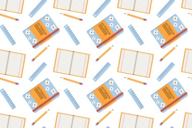 Kusursuz desen. Beyaz arka planda renkli okul veya ofis eşyalarına sahip düz bir vektör. Kalem, defter ve sonbahar yapraklarıyla birlikte okula geri dön..