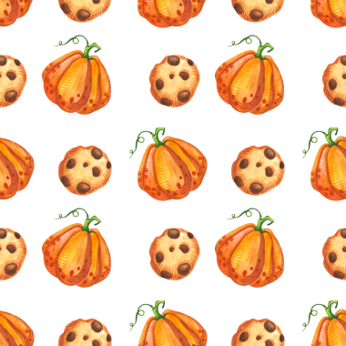 Sonbahar balkabakları ve yapraklarıyla kusursuz desen. Ekim hasadı. Şükran Günü ve Cadılar Bayramı. Kumaşlar, dokular, duvar kağıtları, posterler, kartlar için suluboya çizimi.