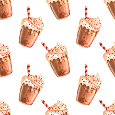 Kusursuz desen. Balkabağı baharatlı latte mevsimi. Beyaz arka planda izole edilmiş kahve fincanları ve tatlılar. El çizimi suluboya çizimi.