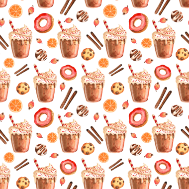 Kusursuz desen. Balkabağı baharatlı latte mevsimi. Beyaz arka planda izole edilmiş kahve fincanları ve tatlılar. El çizimi suluboya çizimi.