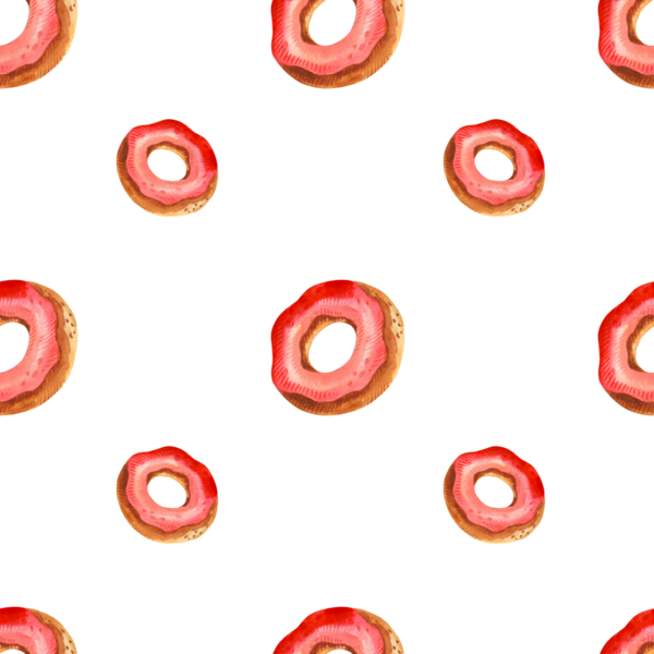 Beyaz arka planda çikolata, krema ve donut ile suluboya desenli kurabiyeler. Kağıt ambalajı, duvar kağıdı ve kumaş için kusursuz desen.
