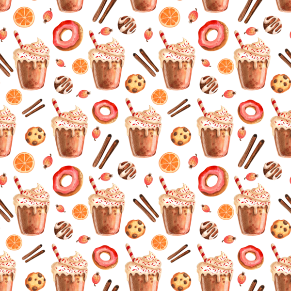 Kusursuz desen. Balkabağı baharatlı latte mevsimi. Beyaz arka planda izole edilmiş kahve fincanları ve tatlılar. El çizimi suluboya çizimi.