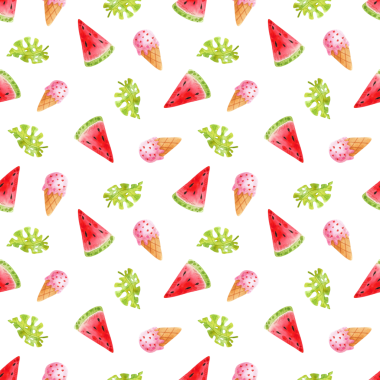 Elle çizilmiş karpuz elementleriyle sulu boya deseni yaz titreşimleri yaratıyor. Tekstil, baskı ve dekorasyon için beyaz arkaplanda meyve çizimi