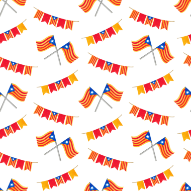 La diada Katalonya bayrak ve sembollerle ulusal gün illüstrasyonu. Şenlikli çelenk, Katalan bayrağı ve konfetiyle suluboya desensiz. El yapımı grafikler, tasarım dekorasyonu için elementler.