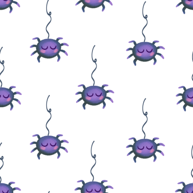 Cadılar Bayramı için sevimli örümceklerle şirin, pürüzsüz bir desen. Beyaz arka planda resim. Cadılar Bayramı dekorasyonu, duvar kağıdı, tekstil, ambalaj, kumaş baskısı.