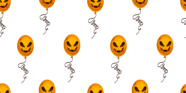 Farklı yüzleri olan turuncu balonlu kusursuz desenler Cadılar Bayramı 'nı simgeliyor. Jack-o-fener görüntülü balonlar. Suluboya tarzında Cadılar Bayramı deseni