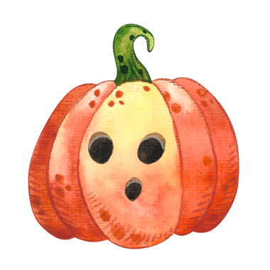 El boyası suluboya Cadılar Bayramı kabağı. Ürkütücü portakal kabağı. Cadılar Bayramı kartları, davetiyeler, afişler için resim.