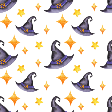 Mor cadı şapkalarıyla kusursuz desen. Suluboya illüstrasyonu eğlenceli bir tekrarlama tarzında düzenlenmiştir. Cadılar Bayramı süslemeleri, kumaşları ve temalı tasarımlar için mükemmel..