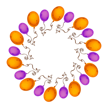 Yuvarlak çerçeve, turuncu ve mor balonlar daire şeklinde dizilmiş. Resim suluboya bir şekilde elle çizilmiş. Tatil dekorasyonu ve kartpostallar için uygun.