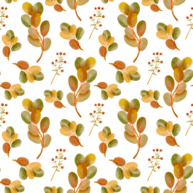 Sonbahar yaprakları ve böğürtlenlerle kusursuz desen. Bitkilerin suluboya tarzda botanik çizimi