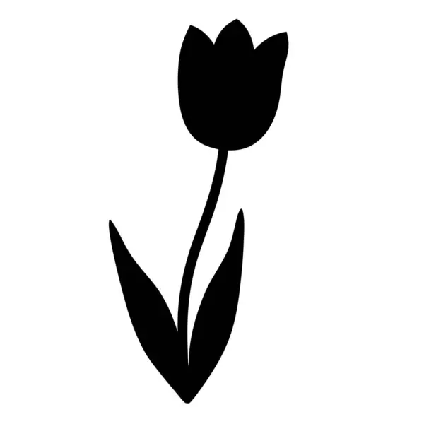 Beyaz arka planda yaprakları olan basit siyah bir lale silueti.