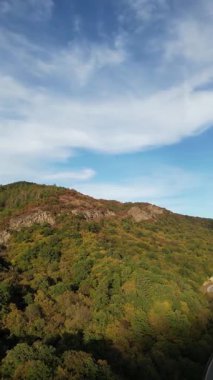 Georgia mı? Sonbaharda renkli ağaçlarla dolambaçlı dağ yolunun drone görüntüsü. Yüksek kalite 4k görüntü