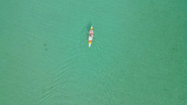 Baba ve kızının turkuaz su içinde kayak yaparken çekilmiş robot resmi, güneşli bir Yunan gününde aile macerası..