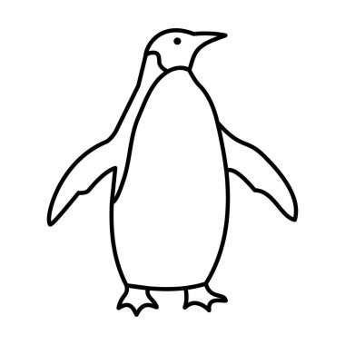 Açık yüzgeçli, düz beyaz arkaplanlı, temiz siyah çizgilerle çizilmiş, ayakta duran bir penguen çizgisi..