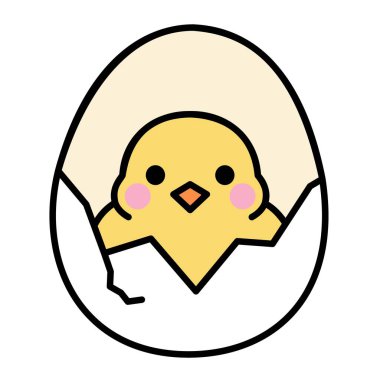 Kırık yumurta kabuğundan bakan sevimli sarı bir civcivin vektörü minimalist çizgi tarzında, yanakları kızaran ve geniş gözlü.