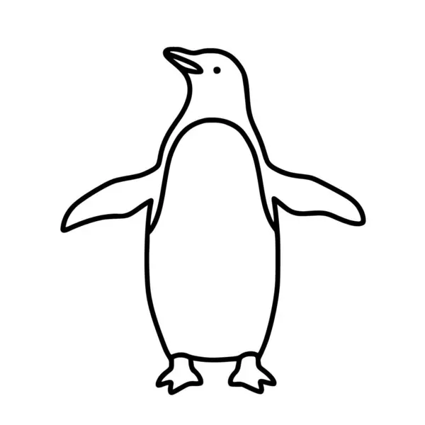 Açık yüzgeçli, düz beyaz arkaplanlı, temiz siyah çizgilerle çizilmiş, ayakta duran bir penguen çizgisi..