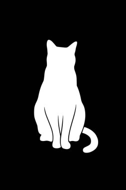 Oturan, kıvrık kuyruklu bir kedinin silüeti. Beyaz, huzurlu ve zarif siyah bir vektör.