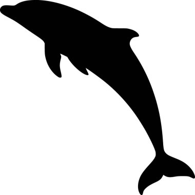 Bir yunusun parlak siyah siluet vektörü orta atlamada, beyaz, zarif ve minimal deniz hayatı tasarımında izole edilmiş..