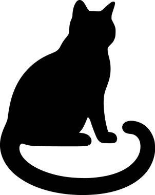 Oturan, kıvrık kuyruklu bir kedinin silüeti. Beyaz, huzurlu ve zarif siyah bir vektör.