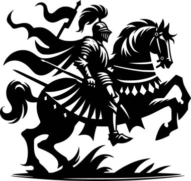 At süren bir şövalyenin ya da savaşçının minimalist siyah beyaz vektörü