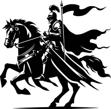 At süren bir şövalyenin ya da savaşçının minimalist siyah beyaz vektörü