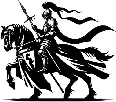 At süren bir şövalyenin ya da savaşçının minimalist siyah beyaz vektörü